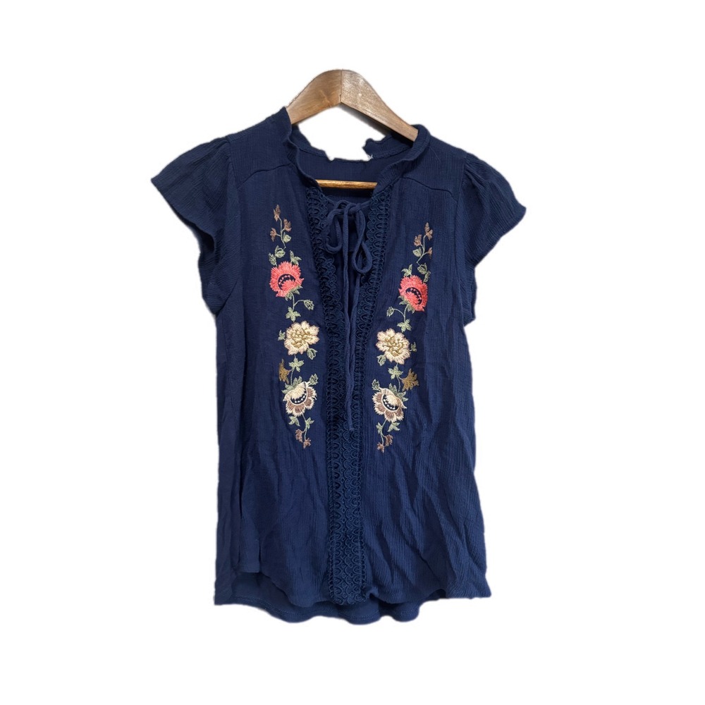 Flower & Feather Embroidered Blouse Womens S Navy Blue Excellent Boho Lace Trim